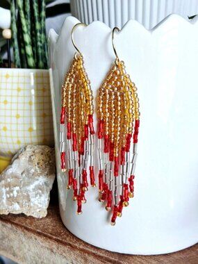 BOGO EARRINGS-Gold & Red Beaded Fringe Dangle Earrings, 3.25"